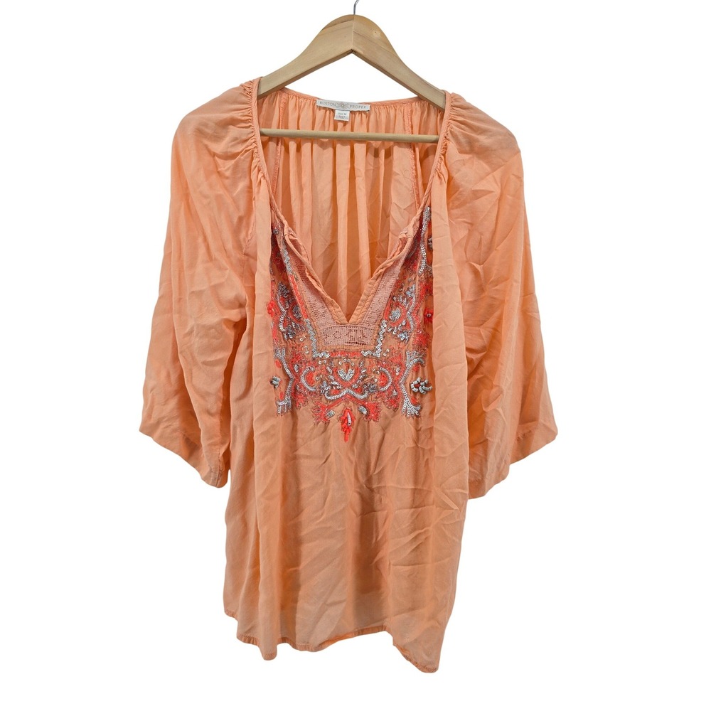 Boston Proper Blouse Women Medium Peach Boho Embellished Sequin V-Neck Rayon Top